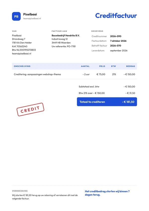 Voorbeeld creditfactuur van een webdesigner met negatieve bedragen en een verwijzing naar het oorspronkelijke factuurnummer