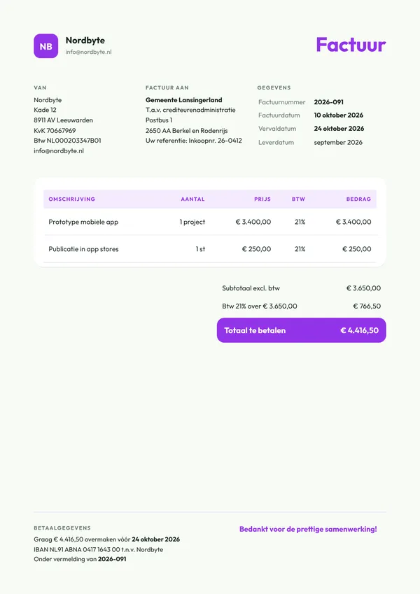 Voorbeeld factuur van een app-ontwikkelaar voor een project met vaste prijs, inclusief 21% btw, factuurnummer en betaalgegevens