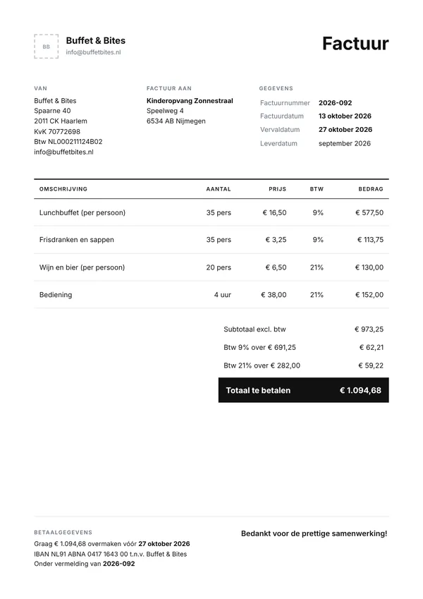 Voorbeeld factuur van een cateraar voor producten met 9% en 21% btw, met de btw per tarief apart uitgesplitst