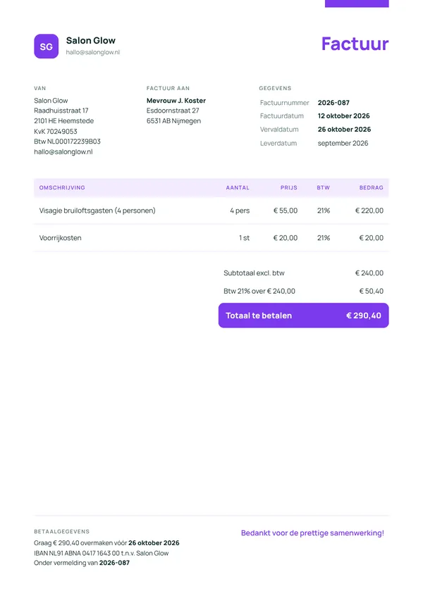 Voorbeeld factuur van een schoonheidsspecialist aan een particuliere klant, met bedragen exclusief en inclusief 21% btw